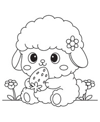 Coloring book cute lamb with a flower on its head lovingly holding a strawberry
