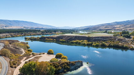 Aerial perspective  of the Cromwell gorge and Bannockburn area in Autumn