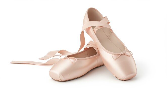 Elegant pink satin ballet pointe shoes with ribbons on white background for dance performance