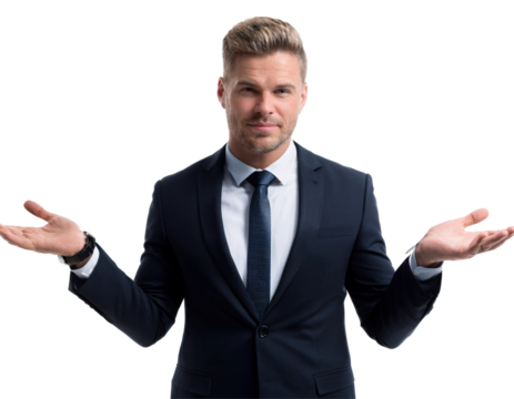 Confident Young Man in Business Attire Gesturing with Uncertainty in a Professional Setting on transparent background