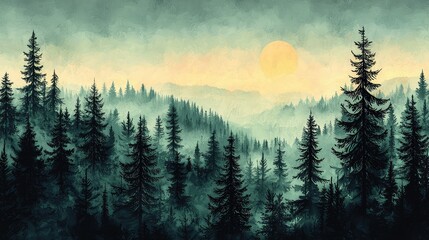 Fototapeta premium Misty mountain forest at sunrise. Vast evergreen trees line the hills, shrouded in a soft morning mist. A golden sun rises above the peaks