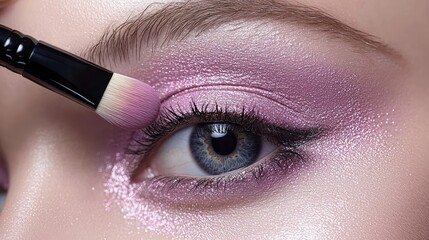 Naklejka premium A makeup artist enhancing the beauty modelâ€™s eyes with a delicate wash of pastel eyeshadow.
