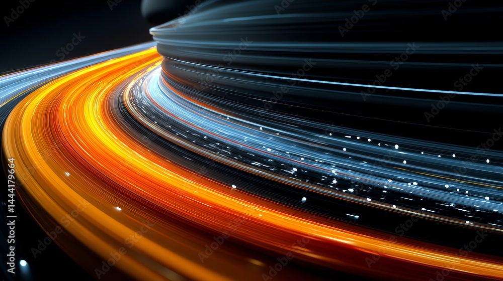 Poster abstract data stream with orange and blue light trails on dark background