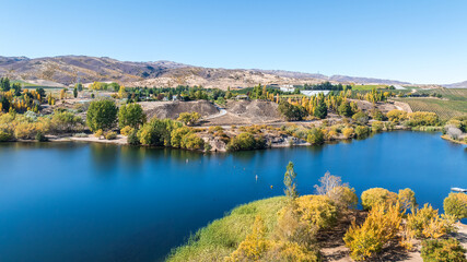 Aerial perspective  of the Cromwell gorge and Bannockburn area in Autumn