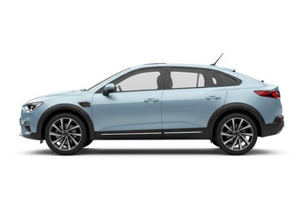 Fototapeta premium Side view of a light blue crossover car with black wheel arches isolated on a white background