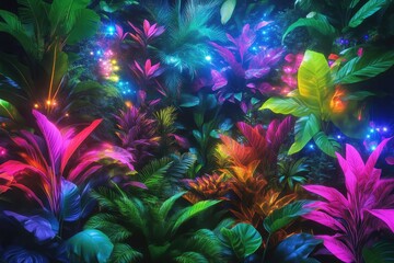 Vibrant, glowing jungle foliage.  A lush, tropical garden illuminated by vibrant neon lights