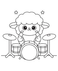 Coloring book cute lamb playing a drum set with stars above