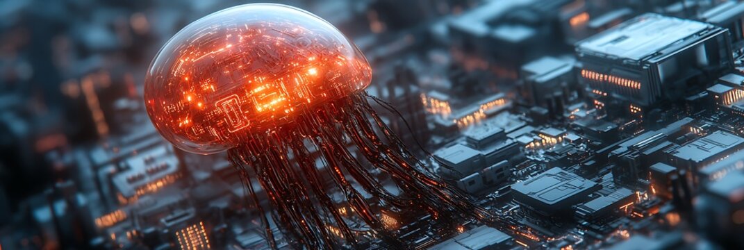 Futuristic jellyfish on circuit board.  Possible use Sci-fi, technology, space, abstract
