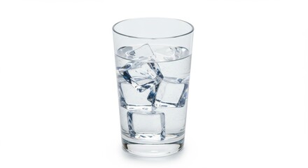 Refreshing glass of water with ice cubes on white background for hydration and wellness