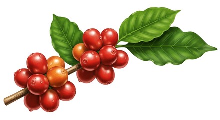 Coffee Beans and Leaves on Branch, Isolated