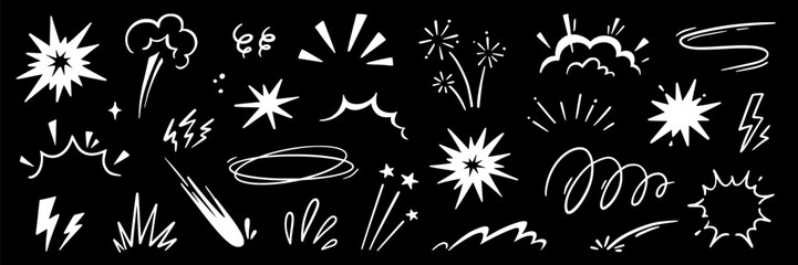 Line speed cartoon effect, boom explosive motion line element set. Comic boom burst, explosive smoke, line speed cartoon vector icon. Hand drawn sketch doodle action effect. Vector illustration © Polina Tomtosova
