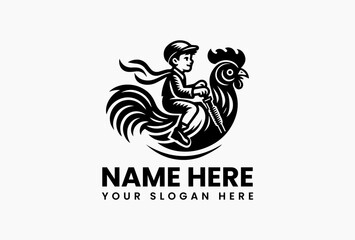 Stylized vector logo of boy riding a chicken or rooster, rural farm-themed illustration with whimsical character design isolated on white background