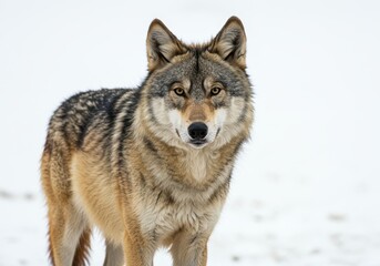 Fototapeta premium A majestic wolf standing in the snow looking directly at the camera with a serious expression shown
