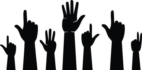 Fototapeta premium Vector Illustration of Silhouettes of Raised Hands with Diverse Gestures in Black and White – Symbolizing Unity, Participation, and Community Engagement in a Minimalist Style