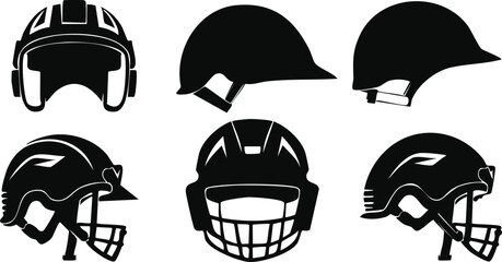 Vector Collection of Sports Helmets Including Football, Baseball, Hockey, and Cycling Designs – Detailed Black and White Silhouettes of Protective Headgear for Athletes

