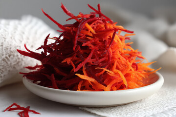 Vibrant Beet and Carrot Shreds: A close-up shot showcases a delightful serving of vividly colored, freshly shredded beets and carrots, artfully presented on a small, elegant plate.