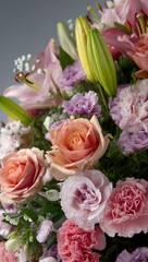 Obraz premium delicate floral arrangement adorned with vibrant roses delicate lilies and fragrant carnations symbol of love and appreciation prepared for the Danish Mors Dag