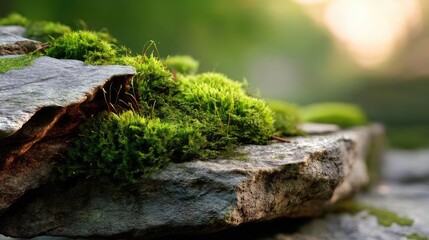 Obraz premium Green moss on beautiful landscape with natural colours concept. Moss growing on a rock in serene nature setting.