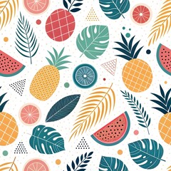 Colorful abstract design featuring leaves, geometric shapes, and a retro-inspired palette.

