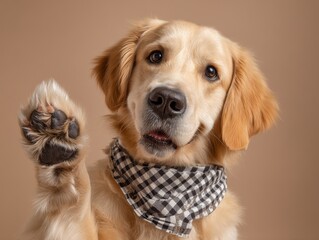 Obraz na płótnie Canvas Golden retriever dog, edited with paw raised in three-toe gesture, wearing a bandana, isolated soft brown background
