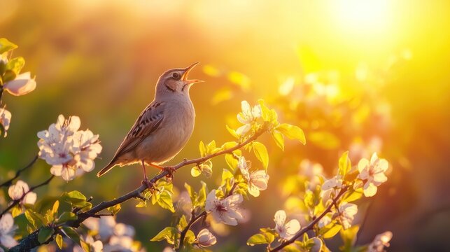 Lark chirping on a spring morning in nature