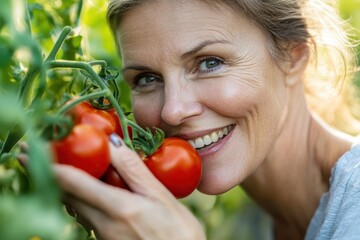 Healthy Garden. Mature Woman Having Fun Holding Tomato in Mouth at Vegetable Garden