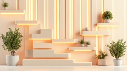 Fototapeta premium Modern minimalist interior design with peach wall, integrated lighting, shelves, and potted plants creating a warm, inviting atmosphere for relaxation