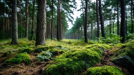 Obraz premium Green moss across peaceful landscape with natural beauty concept. Lush green forest scenery with moss-covered rocks and trees.