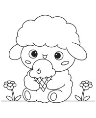 Coloring book lamb enjoying an ice cream cone among the flowers