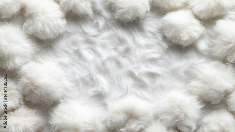 Poster a close-up overhead shot with fluffy white pom-poms arranged around a field of white faux fur creati