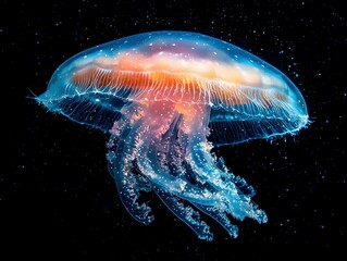 Fototapeta premium Vibrant Bioluminescent Jellyfish Floating in Deep Ocean Waters with Glowing Tentacles and Stunning Light Display Under Dark Starry Sky