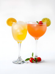 Fototapeta premium two vibrant cocktails, elegantly presented against a clean background. On the left, a classic margarita is showcased in a tall, stemmed glass