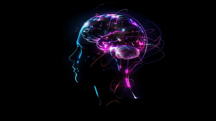 Human profile silhouette with glowing digital brain in neon colors representing artificial intelligence