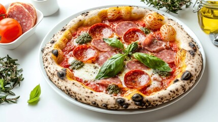 Delicious artisanal pizza with salami and pesto