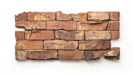 Obraz premium Damaged brick wall with missing sections and cracked bricks on white background.