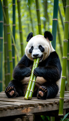 Obraz premium Panda delighting in fresh bamboo meal