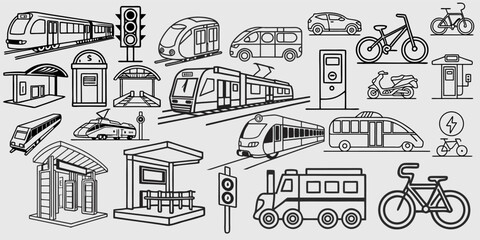 Transportation, vehicle icon set. Vector glyph pictograms of travel, logistics, public transit concepts, car, train, bus, bicycle, boat, and airplane black silhouette illustration.