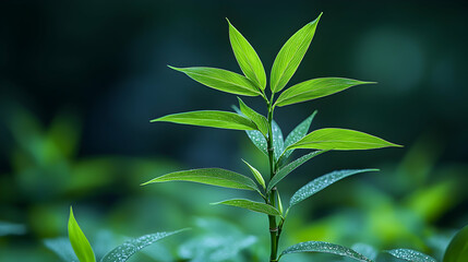 Obraz premium Lush green plant with dew drops, vibrant foliage, close-up shot, dark background, nature photography.