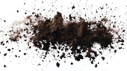 Dark brown soil explosion with scattered debris and flying dust on white background