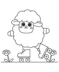 Coloring book  cute lamb on roller skates among the flowers.