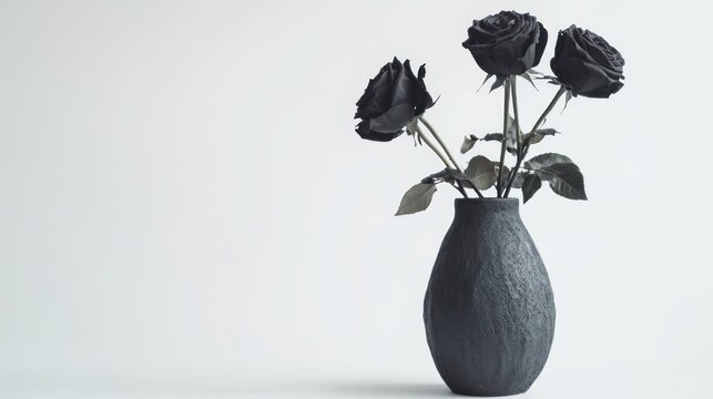 Dark ceramic vase with wilted black roses on white background.