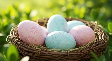 Obraz premium Decorated Easter Eggs in Nest on Green Foliage Background