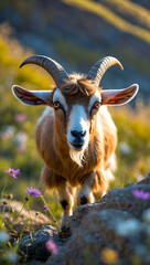 Obraz premium Goats curious gaze amidst meadow blossoms