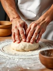 hands of baker's male knead dough