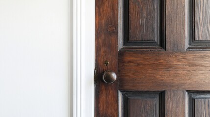 Dark oak door with panel detailing and keyhole, slightly ajar on white background.