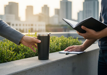 Business professional offering coffee during outdoor meeting with city background