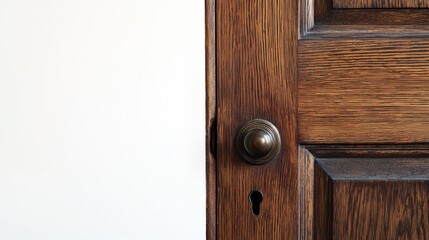Dark oak door with panel detailing and keyhole, slightly ajar on white background.