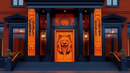 Fototapeta premium Majestic Entrance: Ornate Lion Door at Dusk