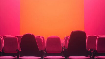 Obraz premium People in the cinema auditorium with Cinema blank wide screen and red chairs in the cinema hall,People silhouettes watching movie performance,empty white screen,space for text,copy space.