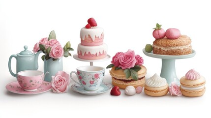 Watercolor illustration of British afternoon tea,tea break in the English style,tea set with Afternoon tea stand with macaroons and scone,cake,cup of tea,Tea time dessert table,vintage style.